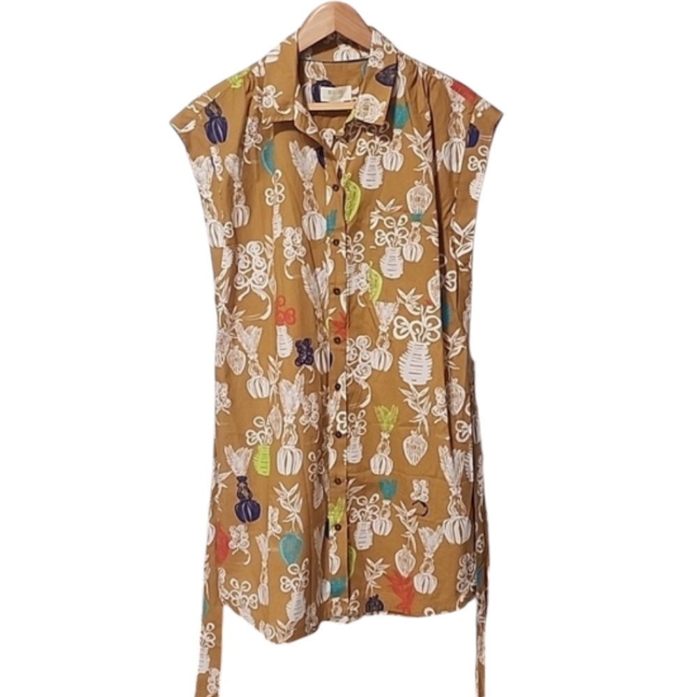 MAEVE ANTHRO Toni Tunic Dress M Tropical Tiki Print Button Down Shirt Dress - Picture 6 of 16